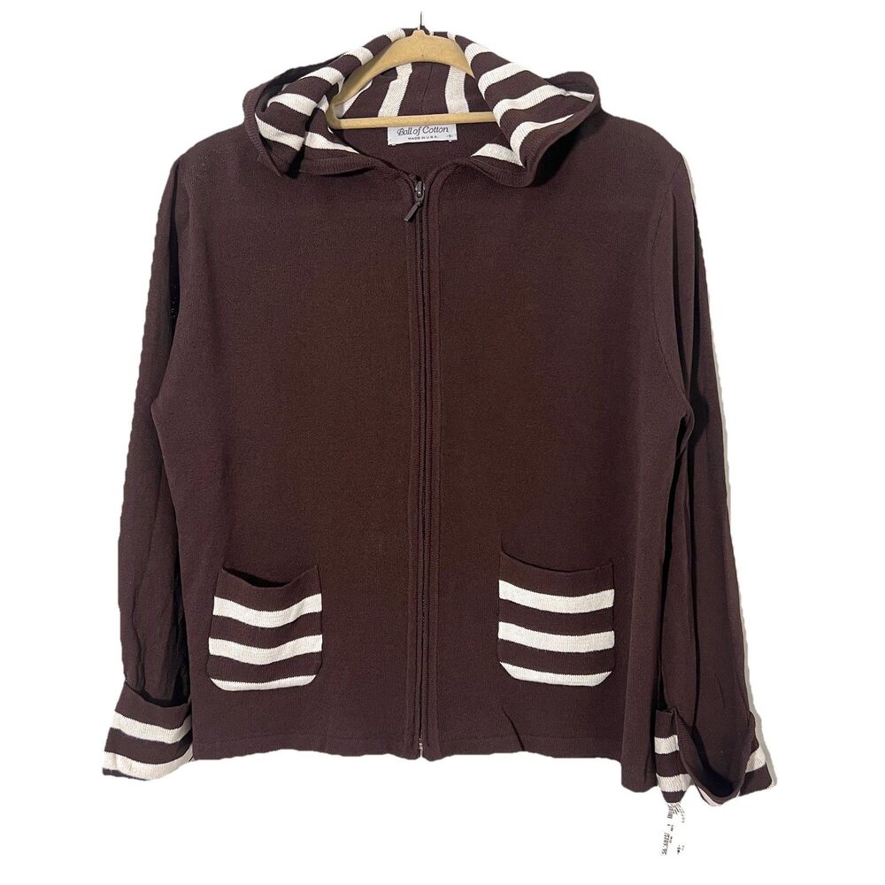 Ball of Cotton Knit Hoodie Women S Brown Full Zip Striped Long Sleeve Preppy USA